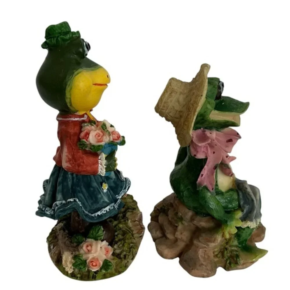 Vintage Frog Figurines Gardening Theme 4”-5” Intricate Carving 2 PC Collectible